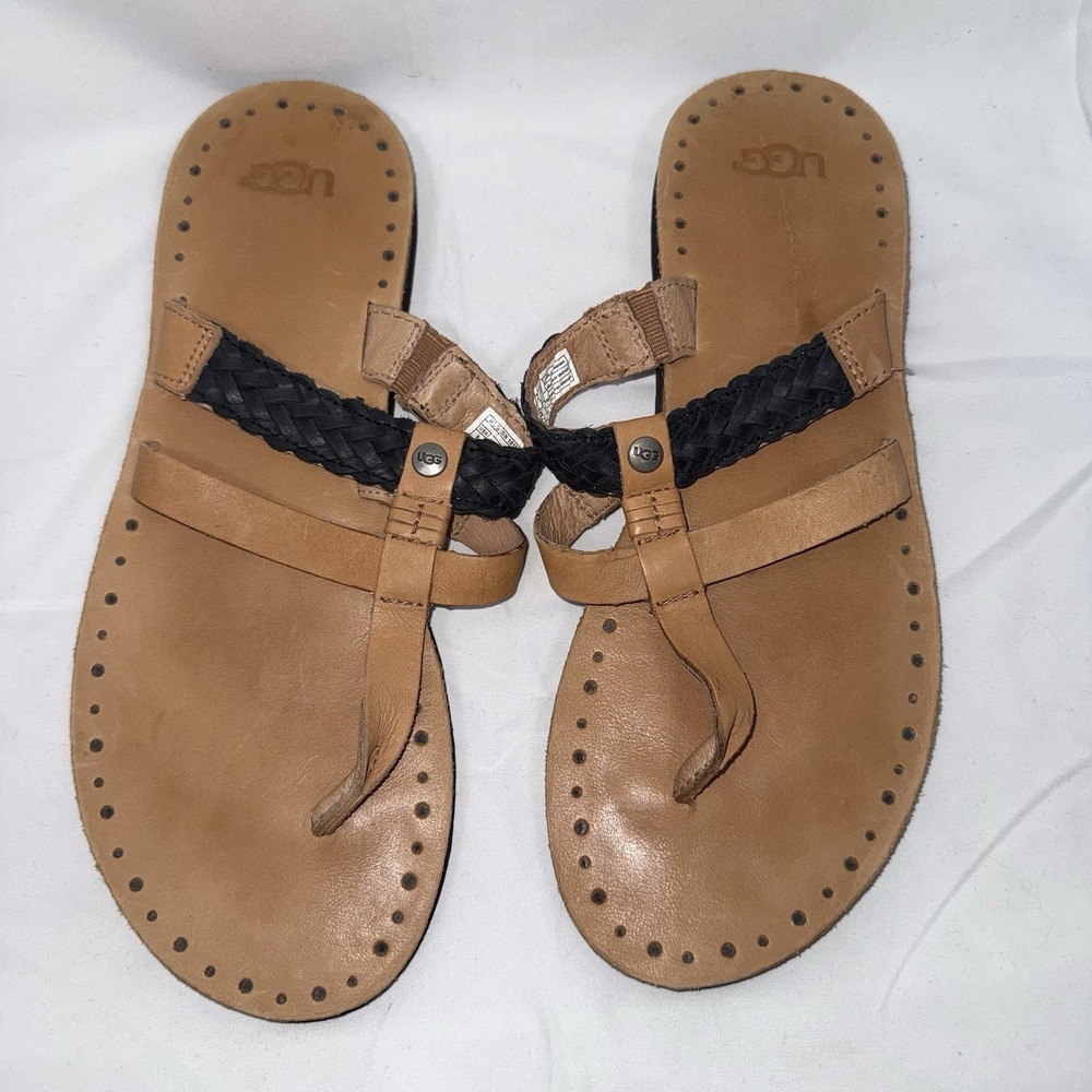 UGG Size 10  Women's Audra Leather Braided Slip On Thong Flat Flip-Flop Sandals